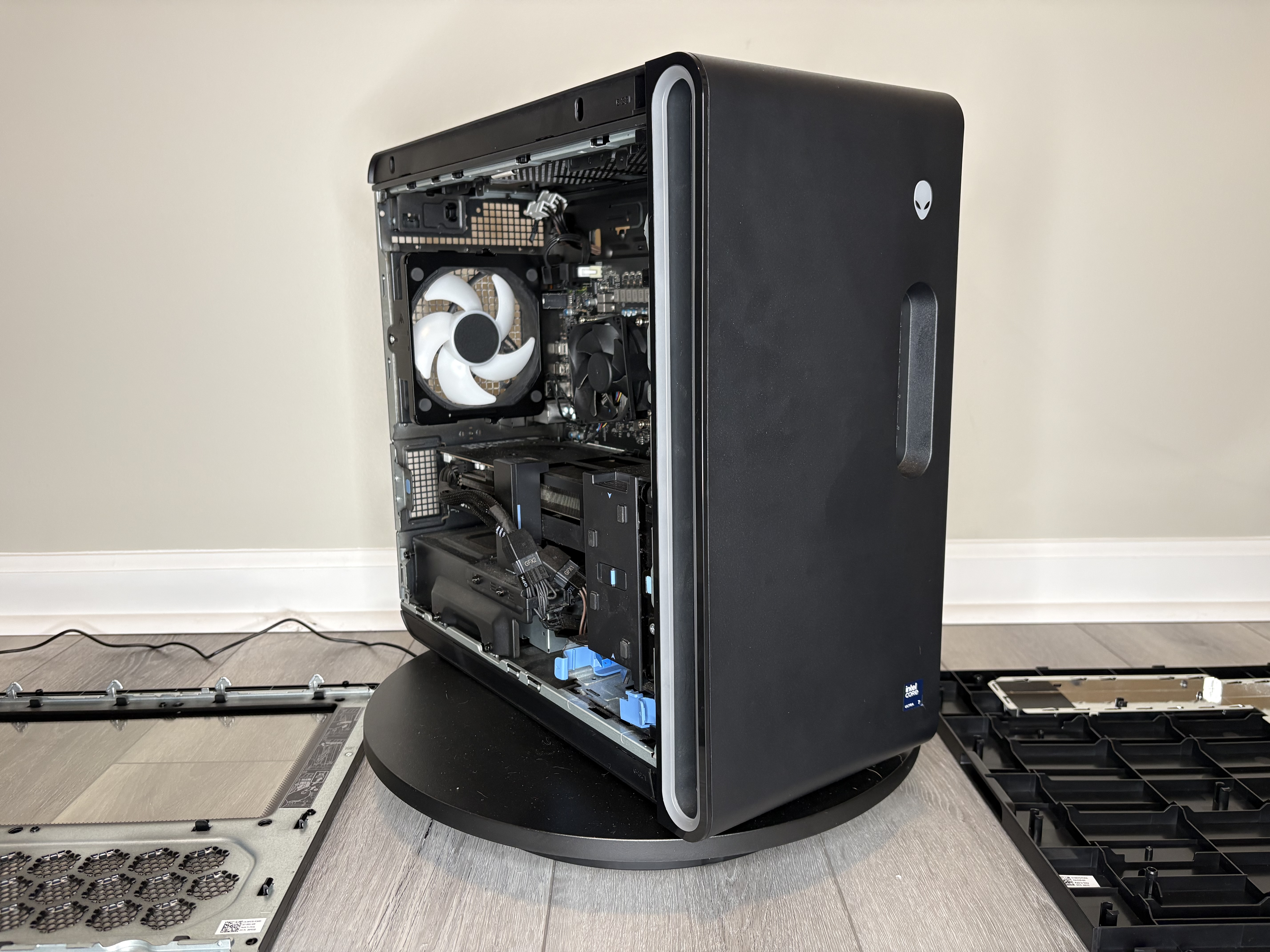 Store-bought gaming computer opened to show the interior layout